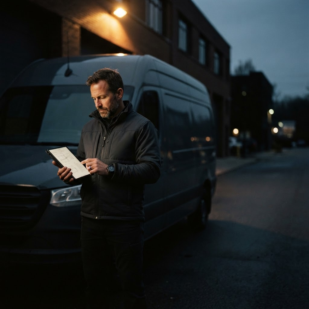 A home-service business owner reviewing work on a tablet beside a service van at dusk